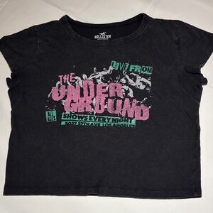 Hollister womens Black Tee with Pink and Green Graphic